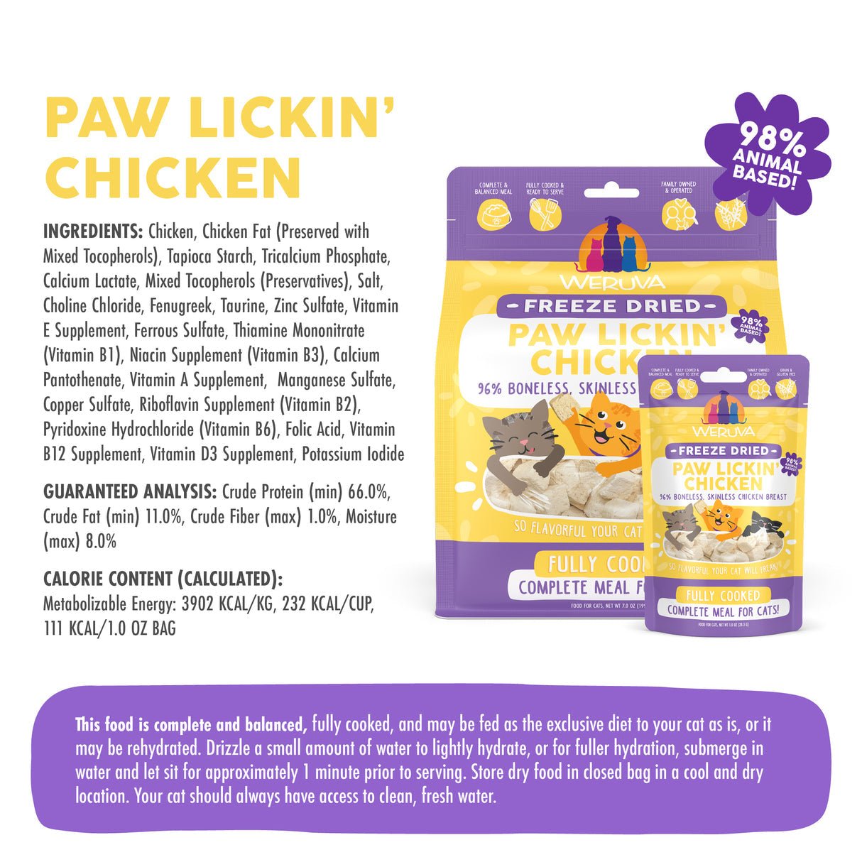 Weruva freeze dried paw lickin chicken fully cooked complete meal for cats 1oz