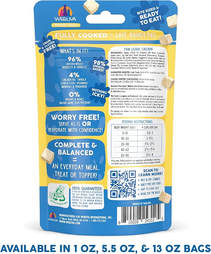 Weruva freeze dried paw lickin chicken fully cooked complete meal for dogs 1oz