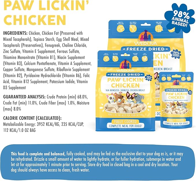 Weruva freeze dried paw lickin chicken fully cooked complete meal for dogs 1oz