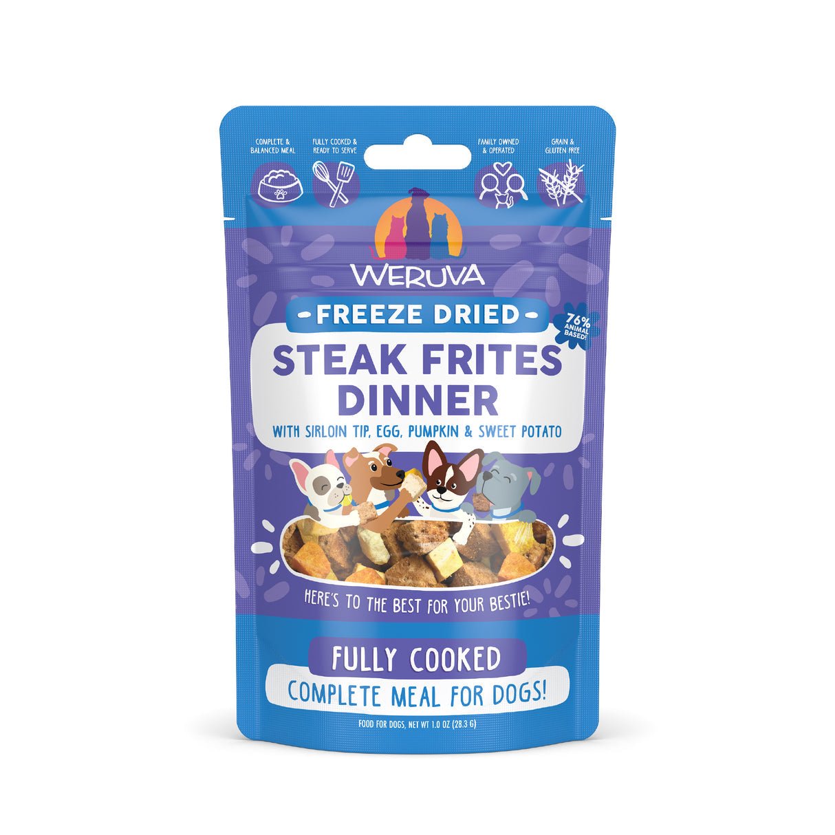 Weruva freeze dried steak frites dinner with sirloin tip,egg, pumpkin and sweet potato fully cooked complete meal for dogs 1oz