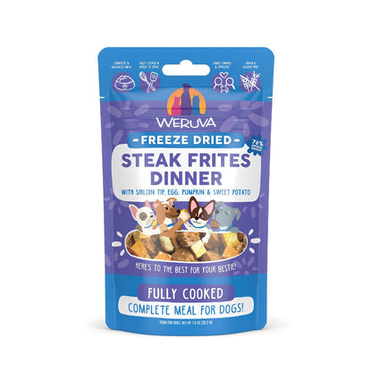 Weruva freeze dried steak frites dinner with sirloin tip,egg, pumpkin and sweet potato fully cooked complete meal for dogs 1oz