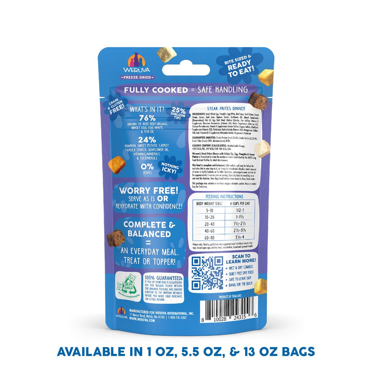 Weruva freeze dried steak frites dinner with sirloin tip,egg, pumpkin and sweet potato fully cooked complete meal for dogs 1oz