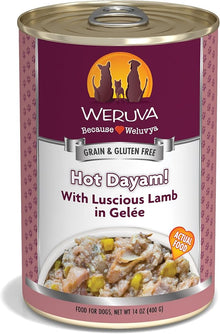 Weruva hot dayam with luscious lamb in Gale canned dog food