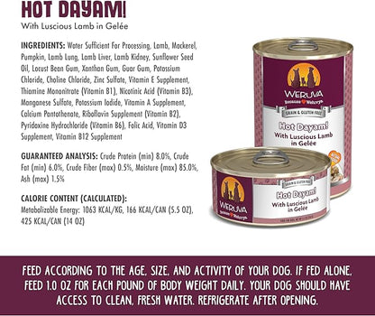 Weruva hot dayam with luscious lamb in Gale canned dog food