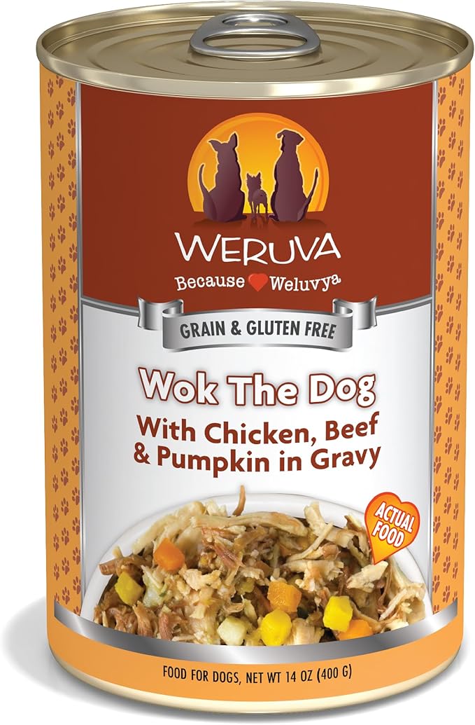 Weruva wok the dog 14oz canned food with chicken, beef and pumkpin in gravy
