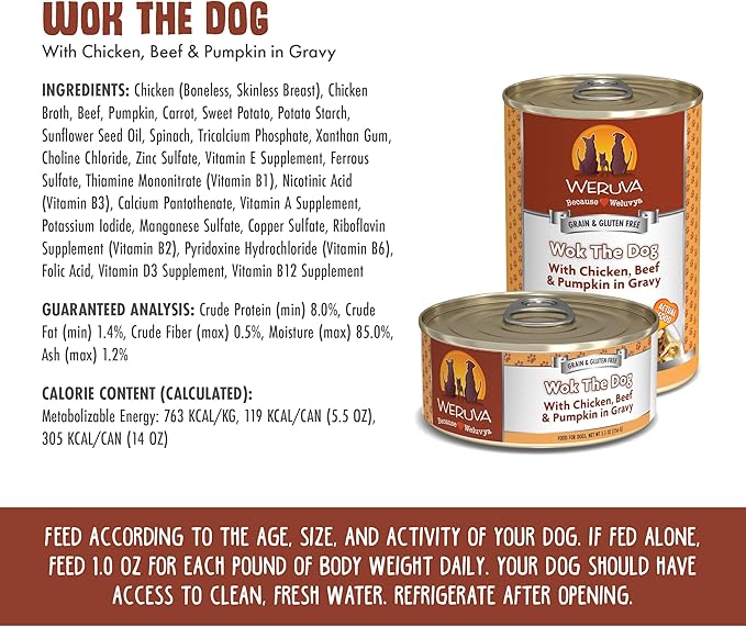 Weruva wok the dog 14oz canned food with chicken, beef and pumkpin in gravy