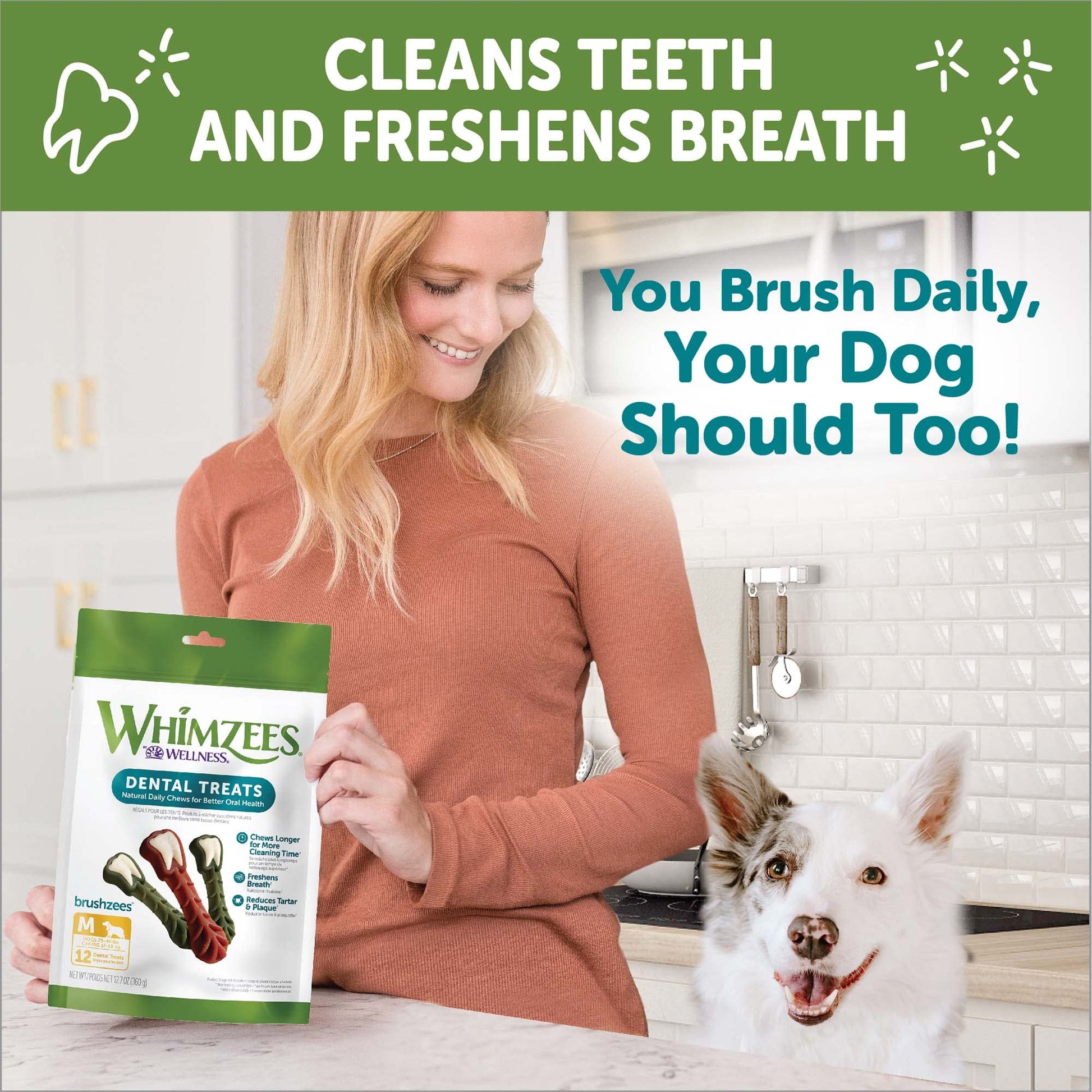 Whimzees By Wellness Brushing Dental Chews For Dogs, Grain - Free, Long Lasting Treats, Freshens Breath Medium Breed, 12 Count