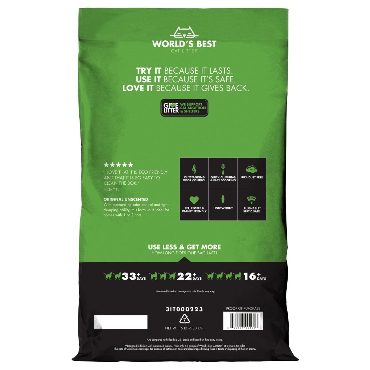 WORLD'S BEST CAT LITTER Original Unscented 15 - Pounds - Natural Ingredients - Quick Clumping - Flushable