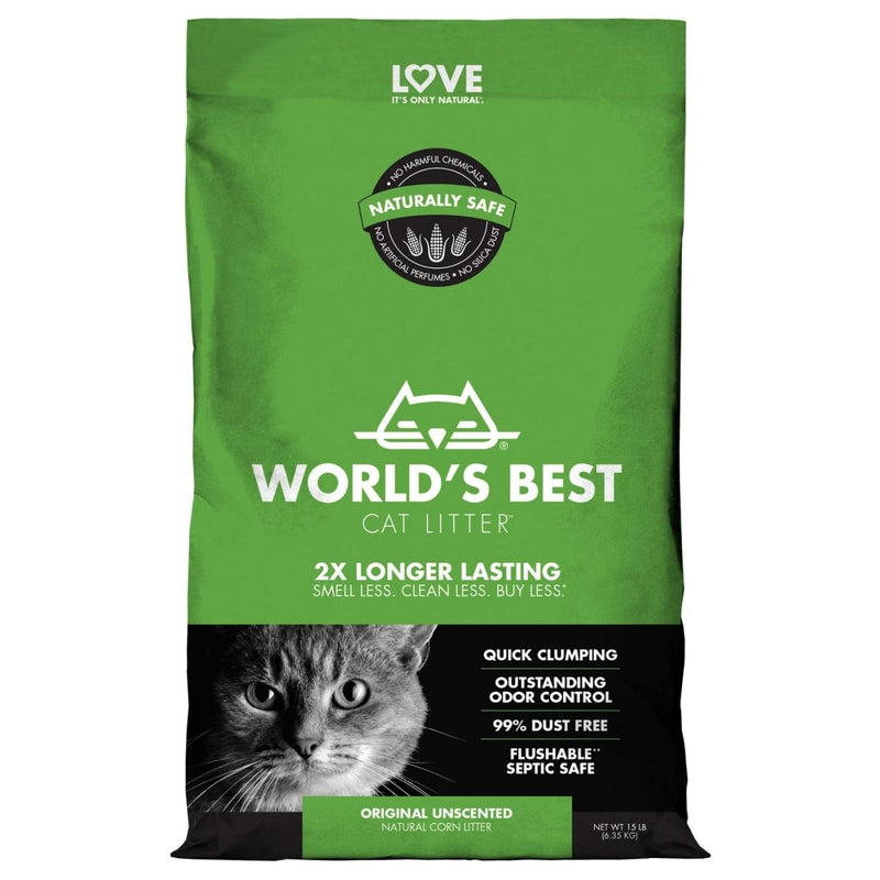 WORLD'S BEST CAT LITTER Original Unscented 15 - Pounds - Natural Ingredients - Quick Clumping - Flushable