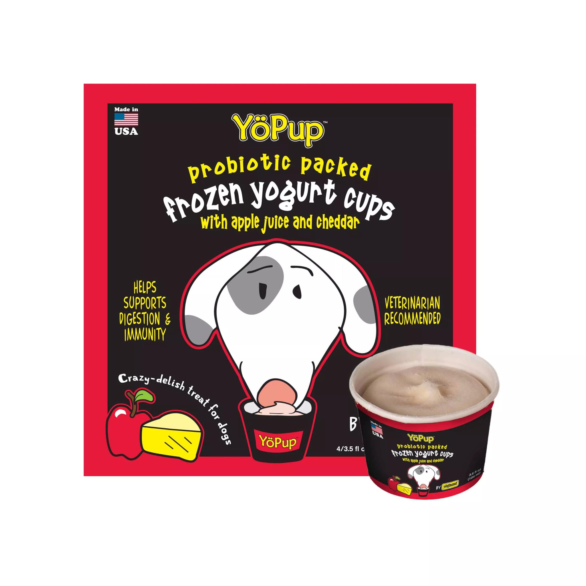 Yopup probiotic frozen yogurt apple juice cheddar dog