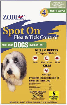 Zodiac spot on flea tick control for large dogs 4 month supply over 60lbs 4 tubes