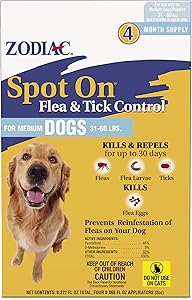 Zodiac spot on flea tick control medium dogs 31 - 60lbs 4 month supply topical drops