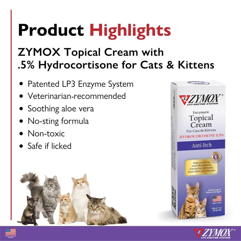 Zymox Enzymatic Anti - Itch Topical Cream with 0.5% Hydrocortisone for Cats & Kittens - 1 oz