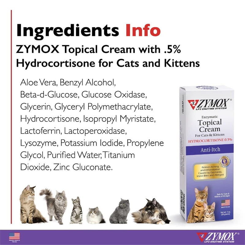 Zymox Enzymatic Anti - Itch Topical Cream with 0.5% Hydrocortisone for Cats & Kittens - 1 oz